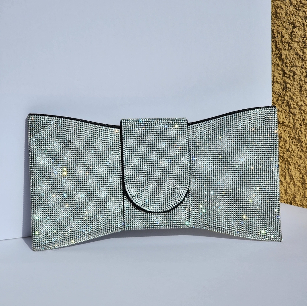 Women's Stylish Silver Rhinestone Bowtie Shape Clutch Crossbody Handbag … - Picture 2 of 10